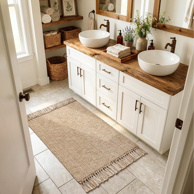 Entryway Door Mat, 27" x 43" Machine Washable Kitchen Rugs, Indoor/Outdoor Low-Profile Doormat Soft Hand-Woven Cotton Bathroom Rug Throw Rugs for Front Back Door Bedroom | Tan/Cream Braided Indoor Outdoor Mats, Soft Washable Bathroom Rug, Small Throw R...