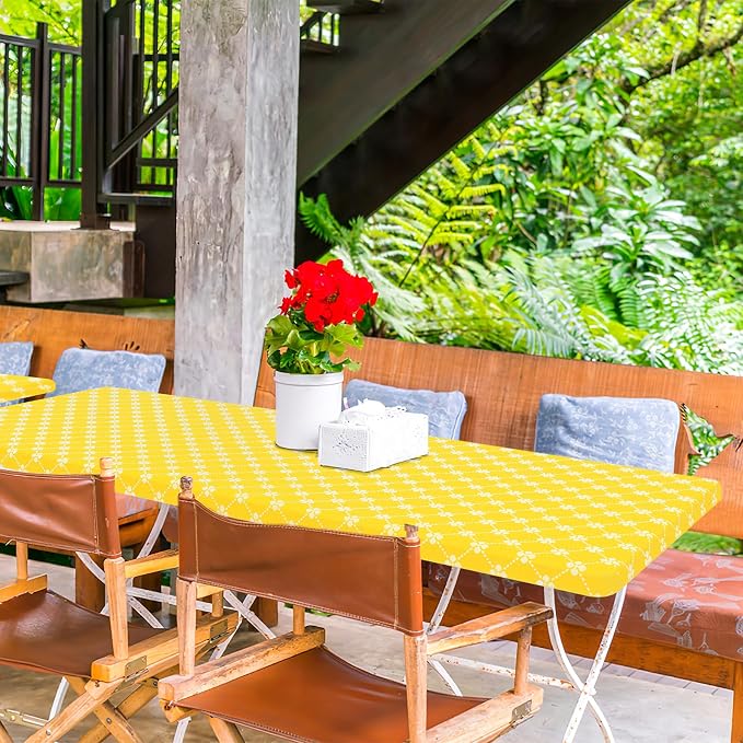 misaya Rectangle Vinyl Table Cloth, Elastic Fitted Tablecloth with Flannel Backing, Waterproof Plastic Table Cover Fits 8 Foot Folding Tables for Picnic, Camping and Outdoor (Yellow, 30" x 96")