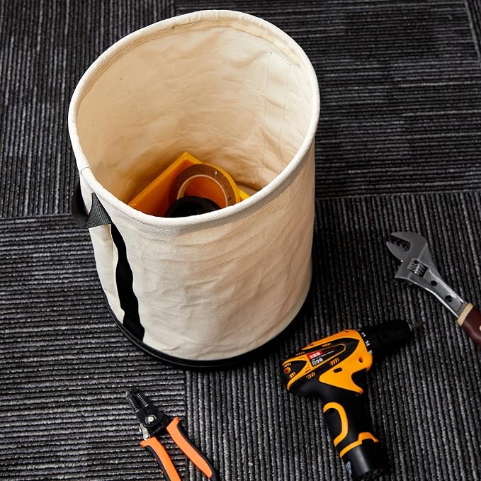 2 Pack Canvas Bucket 15" x 12" Heavy Duty Lineman Tool Bag with Plastic Bottom & Metal Hook Electrician Tool Organizer for Jobsite Use, Load Rated up to 150 Pounds (White)