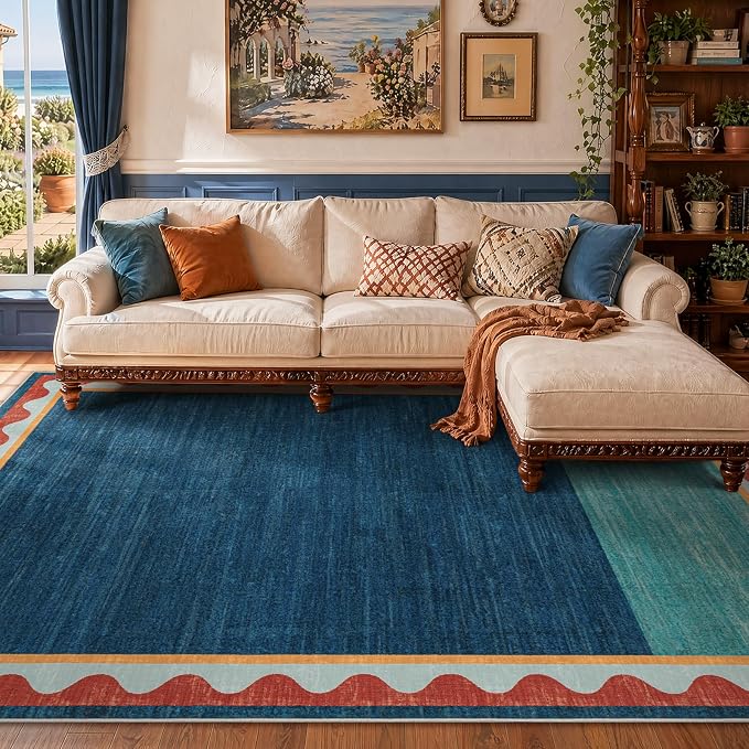 Mid-Century Washed Style Area Rug 5x7 Washable Carpet for Living Room, Non-Slip Low Pile Soft Rug for Bedroom, Kitchen, Entryway, Retro Teal