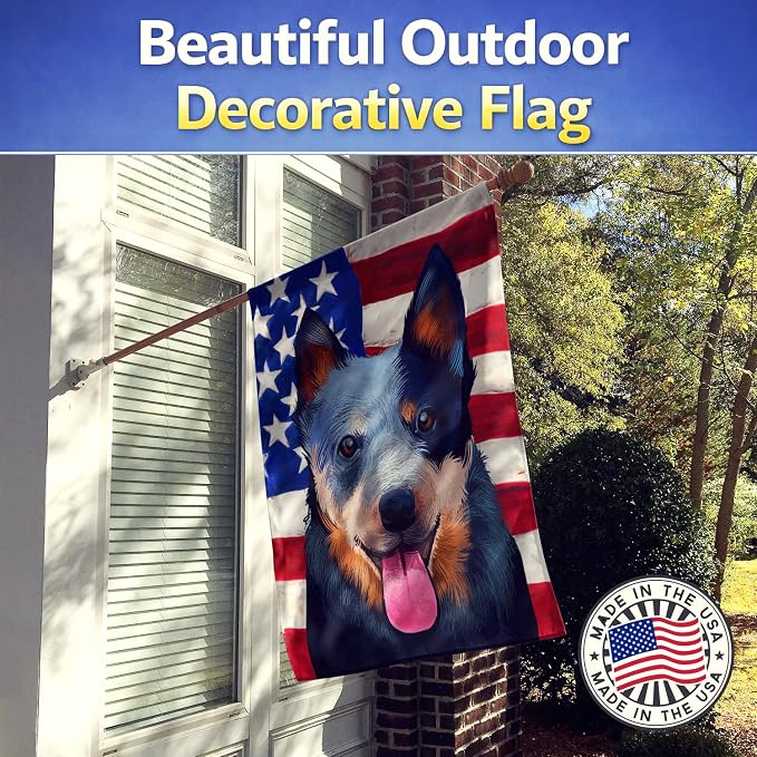 Caroline's Treasures CK6410CHF Australian Cattle Dog American Flag House Flag Large Porch Sleeve Pole Decorative Outside Yard Banner Artwork Wall Hanging, Polyester, House Size, Multicolor
