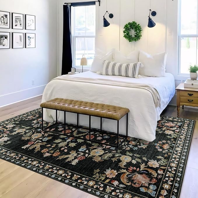 5x7 Area Rugs Washable Floral Rug Non Slip Ultra-Thin Large | Machine Washable Throw Carpet for Living Room Bedroom Office Dining Room Floor Indoor Low Pile Boho Vintage Black