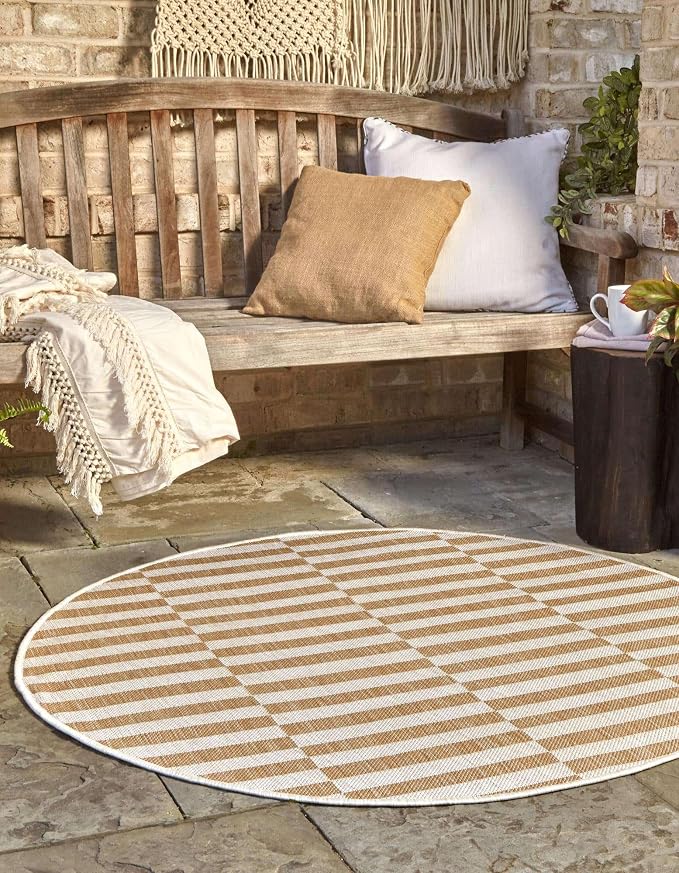 Unique Loom Outdoor Striped Collection Area Rug - Striped (10' Round Taupe/Ivory)