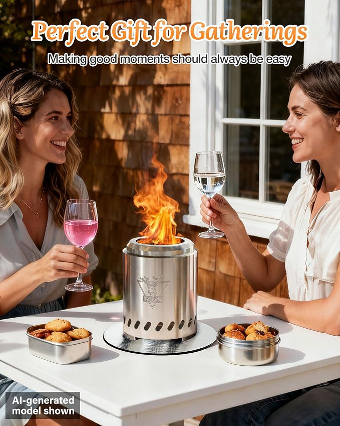 YEFU Tabletop Fire Pit 7.5 x 5.5 in, Low Smoke Camping Stove for Outdoor & Patio, Fueled by Pellets or Wood, Safe Burning Table Top Firepit, with Travel Bag & 2 Mini Sticks & Fireproof Mat, Silver
