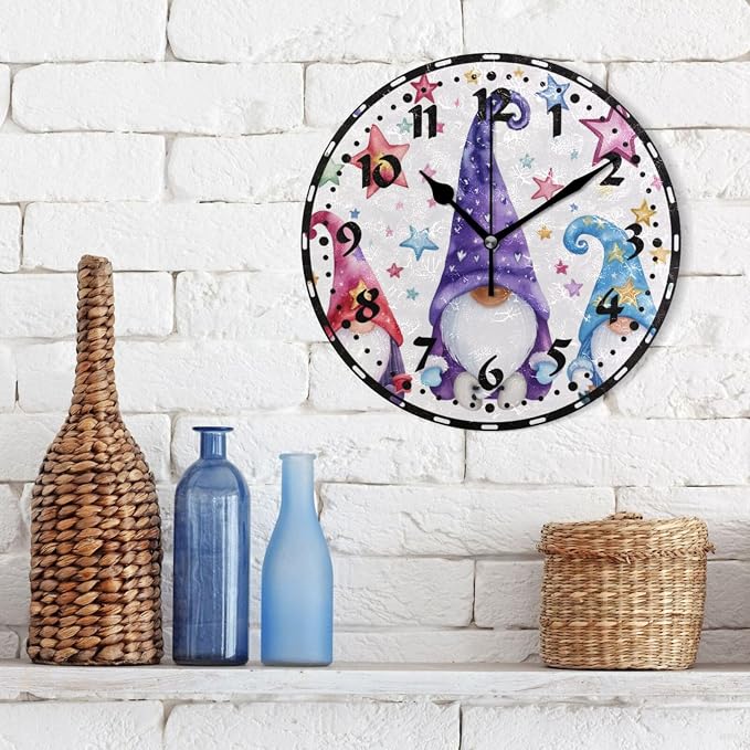 Watercolor Illustration of Magic Gnomes Wall Clock, Silent Non Ticking 10 Inch Battery Operated Wall Clocks, Easy to Read Clock for Home Kitchen Living Room Bathroom Office Decor