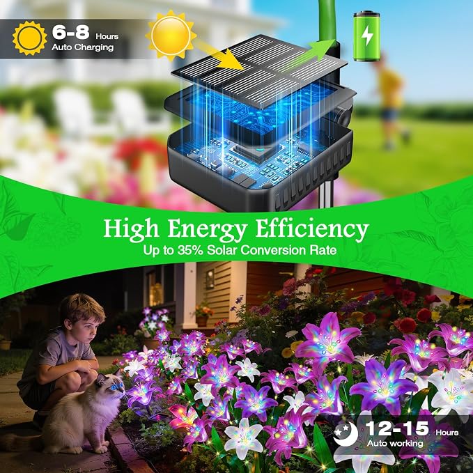 Solar Lights Outdoor Garden Decor - 6 Pack Solar Flowers with 30 Heads Colorful Lily Lights & Glowing Stems, Brighter Waterproof Decorative Garden Lights for Yard, Patio, Flower Bed, Gifts