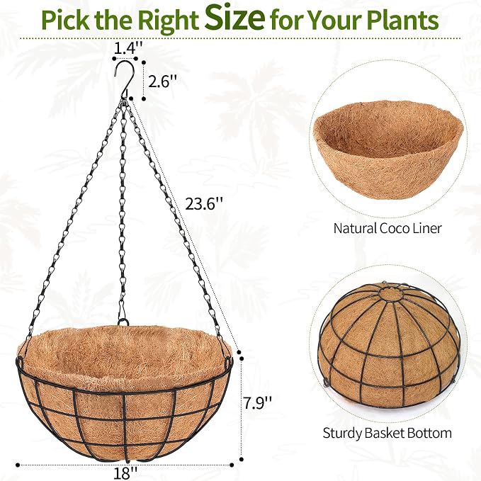 18 Inch Hanging Baskets for Plants Outdoor, 4 Pack Large Hanging Planters for Outdoor Plants, Round Wire Hanging Flower Pots with Coconut Coir Liners for Garden, Deck, Porch, Balcony