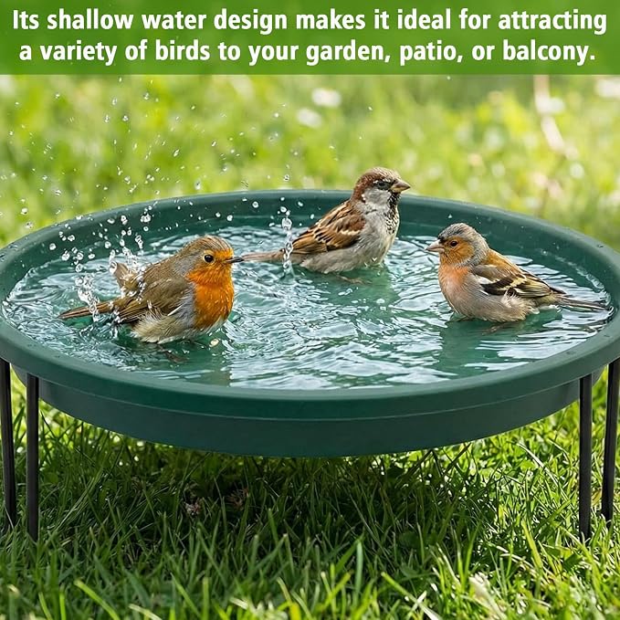 14.37'' Ground Bird Bath for Outside Large Bird Bath Bowl for Patio Garden or Deck Floor Standing Black Steel Wire Stand with Dish Outdoor Feeder Water(Green)