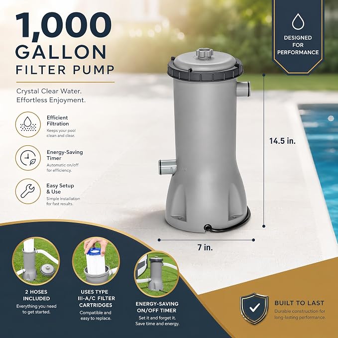 Above Ground Pool 15ft x 42in Steel Frame w/Pump Ladder Cover | 15x48ft, steel frame rust-proof, tool-free setup, 1000gal timer pump, ladder, cover, spare filter. 3-layer PVC liner.