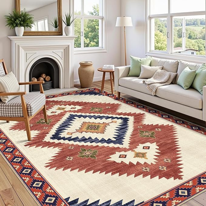 Area Rug 5x7 Western Rug for Living Room Southwest Aztec Rugs | Washable Southwestern Navaj Tribal Rugs Low Pile Non-Slip Floor Carpet for Dining Room Bedroom Kitchen Office, Yellow Brown