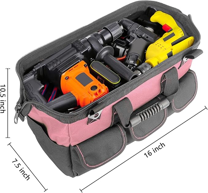 16-inch for women purple tool box Non-slip feet adjustable shoulder strap 14 functional insert pockets,large capacity Men's heavy-duty toolbox,for electricians, carpentry,gardening (Pink)