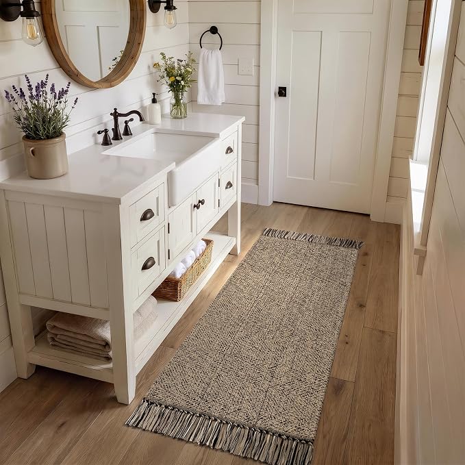 Bathroom Runner Rug, 2' x 5' Modern Farmhouse Kitchen Carpet | Boho Hand-Woven Entryway Rugs Runners for Hallway, Natural/Black Washable Laundry Carpet Indoor Front Door Mats for Bedroom