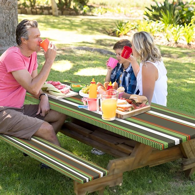 Picnic Table Cover with Bench Covers Elastic Edges, Green Tripes Camper Fitted Table Cover, Outdoor Patio Camping Essentials 72 Inch 3PCS, Waterproof Camping Fitted Tablecloth with Drawstring Bag