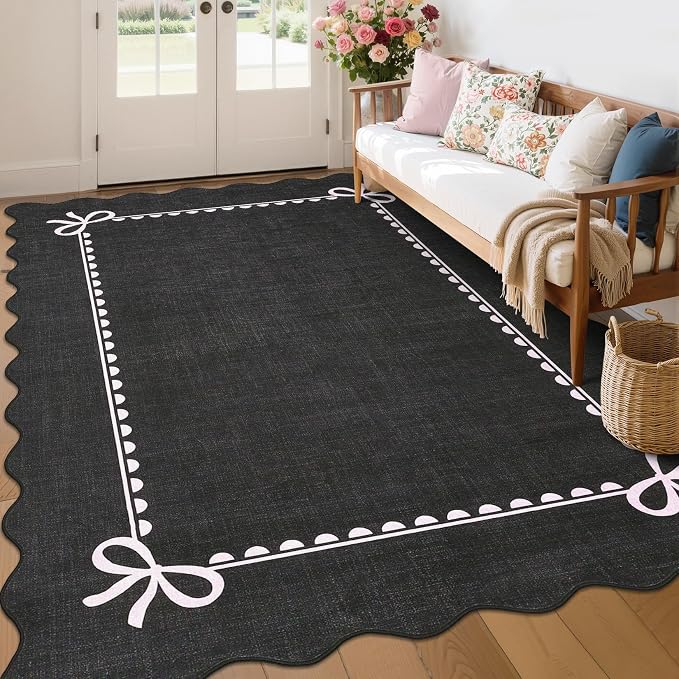 GarveeHome Scalloped Bow Rug 6x9 Washable Rug for Living Room, Black Pink | Non Slip Soft Low Pile Indoor Large Carpet for Nursery Girls Bedroom Decor Hallway Kids Room College Dorm Playroom