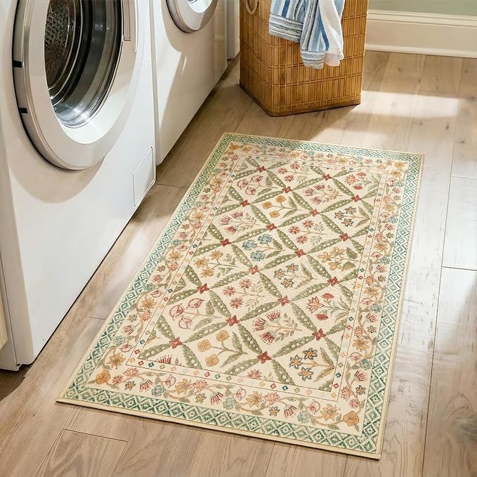 jinchan 2x3 Vintage Floral Washable Accent Entryway Area Rug, Teal Blue | Soft & Lightweight, Checkered Floral, Low Pile, Non Slip, Entrance, Kitchen, Bedroom, Laundry Room, Samll, Doormat
