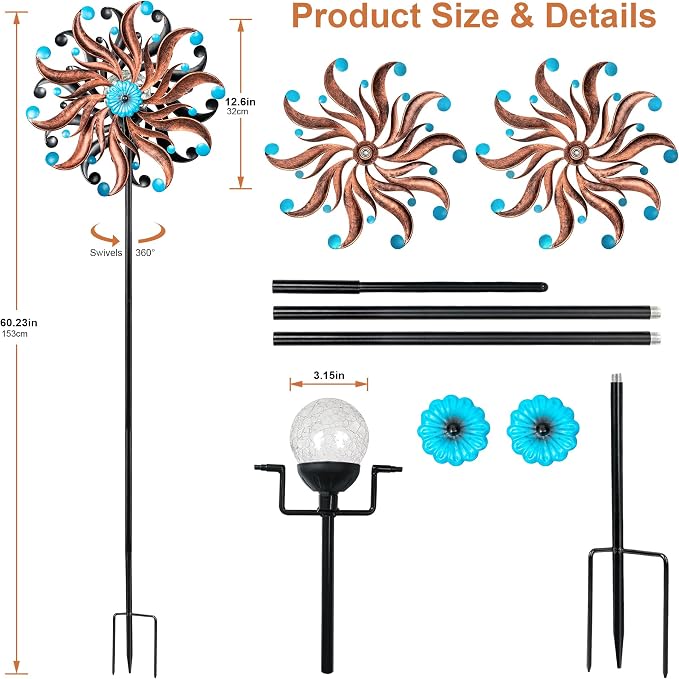Solar Wind Spinner - Rustic Copper & Turquoise Kinetic Yard Art with Glass Globe - Vintage Metal Sunburst Wind Catcher Outdoor Garden Decor for Lawn, Patio, and Front Porch