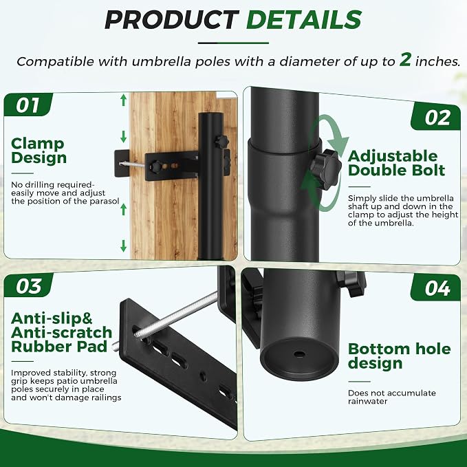 Heavy Duty Deck Umbrella Mount,Adjustable Patio Umbrella Holder for Deck Railing,Space Saver Patio Umbrella Clamp,Deck Umbrella Base and Stand for Outdoor Courtyard, Balcony, Boats