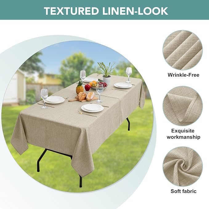 LUSHVIDA Outdoor Tablecloth with Umbrella Hole - Patio Table Cloth Zippered Rectangle 60x120 Inch, Linen-Look Polyester Table Cover Water Resistant for Picnic Outside, Natural Color