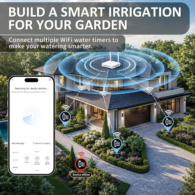 LP WiFi Water Timer, Smart Bluetooth Hose Timer with APP Control, Remote Controlled Watering System with Rain Delay, Manual & Automatic Modes for Garden, Yard, and Lawn Irrigation
