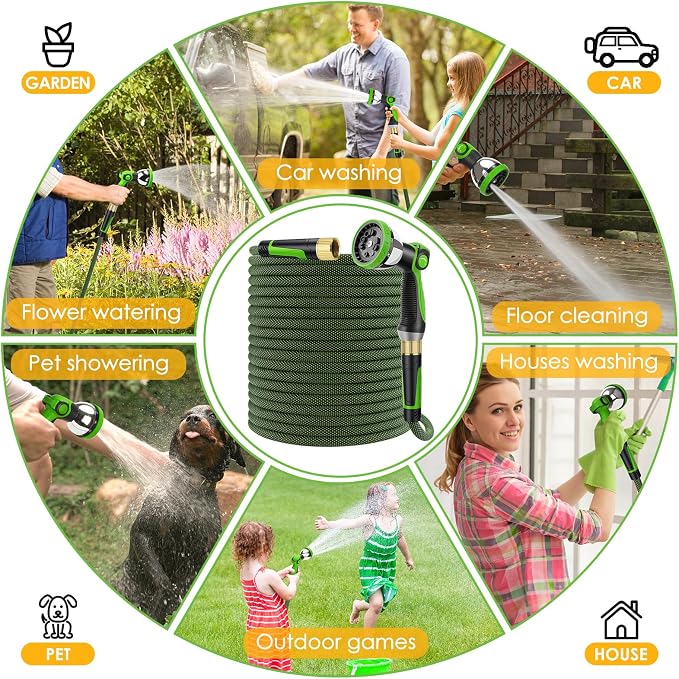 Non-Expandable Garden Hose 50 FT, Lightweight Hose with 10 Function Spray Nozzle, Kink-Free Flexible Water Hose, Durable, Leak-Proof, 360° Swivel Connectors, Portable Storage Strap