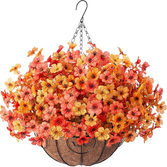 HyeFlora Artificial Flowers with Hanging Basket Planter for Home Decoration, Daisy with Eucalyptus Leaves Outdoor Indoor Garden Yard, Metal Coconut Lining Basket with Faux Plant (Fall-OrangeYellow)