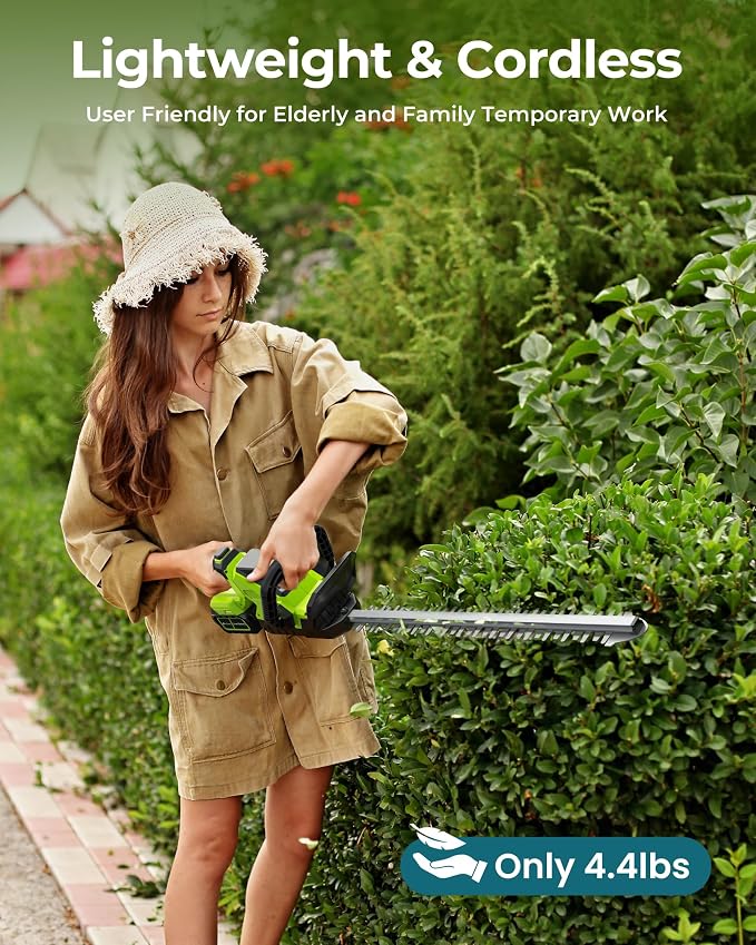 20'' Hedge Trimmers Cordless with 2pcs 4000mAh Battery, Brushless Electric Bush Clipper with Rechargeable Batteries, 3000RPM 180° Rotatable Head, 2/3'' Blade Gap Green,Gifts for Father’s Day