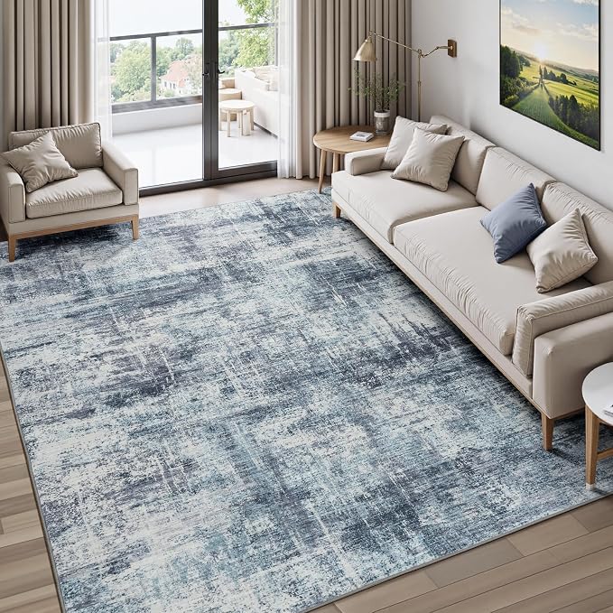 Lofus 5x7 Area Rug for Living Room, Abstract Washable Non-Slip Rugs, Blue | Soft Neutral Carpet for Bedroom, Dining Room, Home Office Nursery Indoor, Stain Resistant, Non-Slip, Low Pile Modern Rug