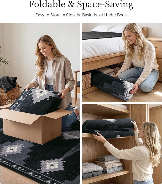 5'x7' Washable Area Rug for Living Room, Black and Grey Western Aztec Rug | Soft, Non-Slip, Southwestern Geometric Design, for Boy Bedroom Dining Room Playroom, Low Pile, Pet Friendly, Stain Resistant