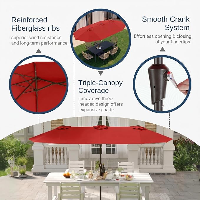 15FT Large Patio Umbrella with Base Included, Double Sided Outdoor Market Umbrella with Flexible Fiberglass Ribs, UV-Blocking Extra Large Umbrella for Garden, Pool, Deck, Red