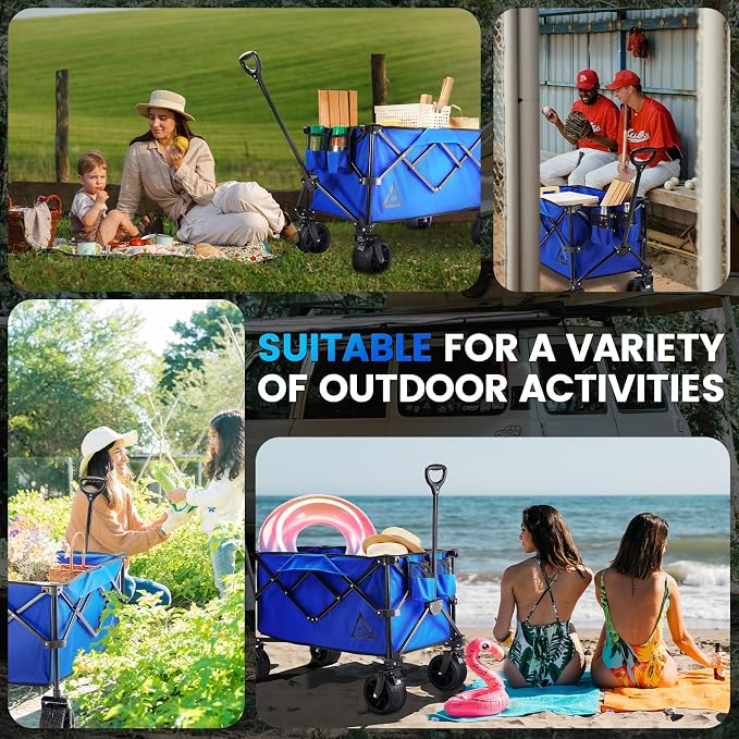 Wagon Cart Shopping Cart Large Capacity Collapsible Wagon with Wheels On Beach Garden Outdoor Utility Carts for Grocery All Terrain Portable Wagons Carts for Groceries Sand Camping Sports Blue