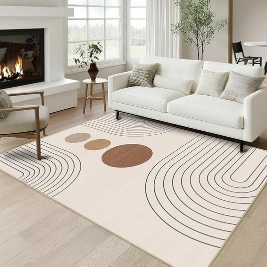 Boho Rug 4x6 Modern Geometric Minimalist Abstract Area Rug for Living Room Neutral Beige Mid Century Modern Contemporary Machine Washable Non-Slip Printed Low-Pile Carpet Dining Room Bedroom Office