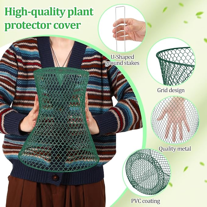 Therwen 15 Pcs Large Plant Wire Cloche 11 x 12 Inch Metal Garden Cloche with Garden Stakes Plant Protector from Animals for Keeping Bunnies Chicken Squirrels Birds (Green)