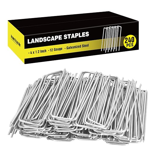 HongWay 240 Pack 4 Inch Landscape Staples, Garden Staples 12 Gauge Galvanized Ground Stakes Lawn Yard Staples SOD U-Shaped Pins for Landscaping Fabric, Irrigation Tubing Hose