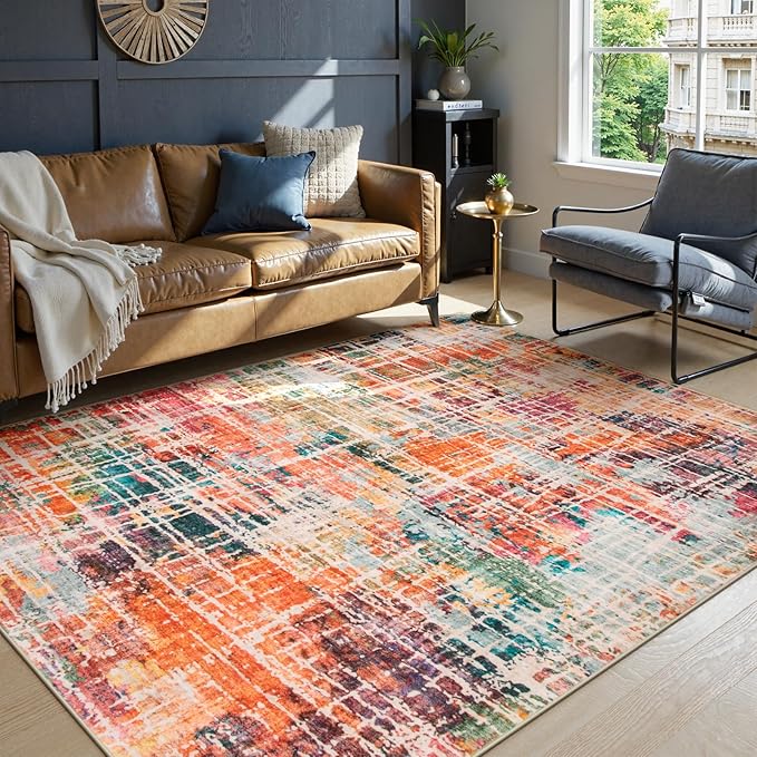 Beeiva Abstract Rugs for Living Room 5x7, Modern Washable Non Slip Area Rug, Ultra Thin Foldable Low Pile Carpet for Dining Room Office Bedroom Playroom - Multicolor