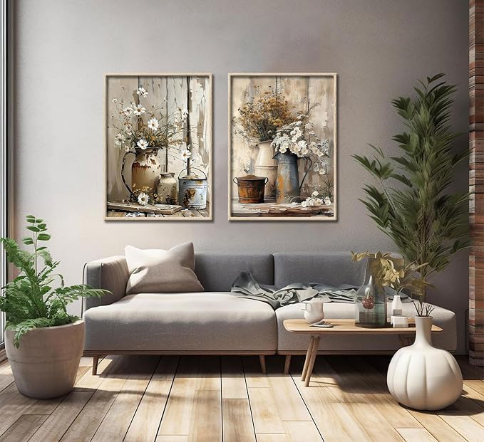 Rustic Farmhouse Daisy Canvas Wall Art Vintage Country Floral Posters Print Flower Still Life Botanical Pictures Painting White Jasmine Flowers And Rust Color Watering Can Wall Decor Unramed