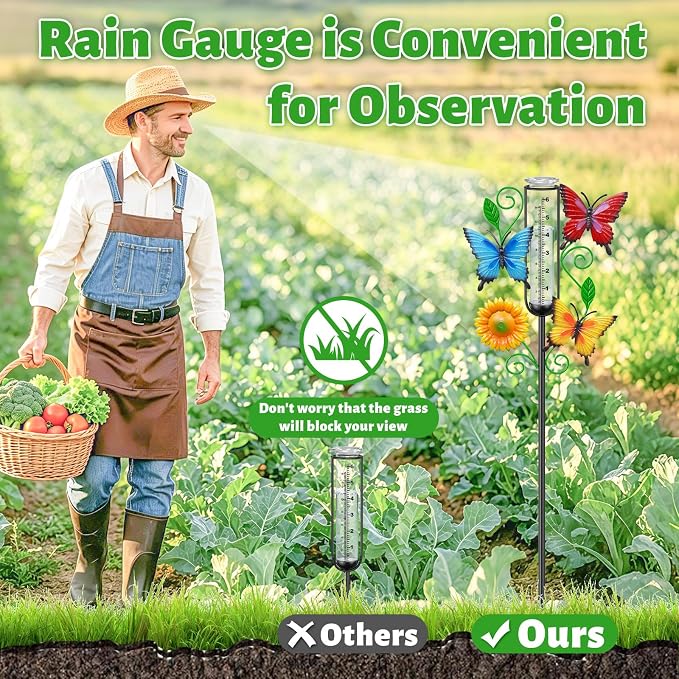35.4" Butterfly Rain Gauge Outdoor, Metal Rain Gauges Stake with 6“ Glass Tube, Decorative Rain Gauges for Yard Garden Lawn for Precipitation Measurement