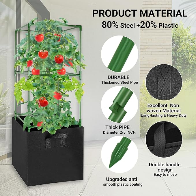 6 Pack Tomato Cages with 17 Gallon Grow Bags, 47” Heavy Duty Square Tomato Plant Stakes Support Cages Trellis for Garden Climbing Vegetables Flowers Fruits (47IN Tall, Extra-Bold)