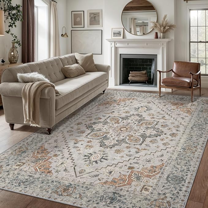 Tangsoo 5x7 Area Rug Washable Rug for Living Room, Vintage Indoor Non Slip Large Area Rugs, Print Distressed Grey Carpet, Soft Low Pile Rug Foldable Floor Rugs for Bedroom Dining Room Dorm