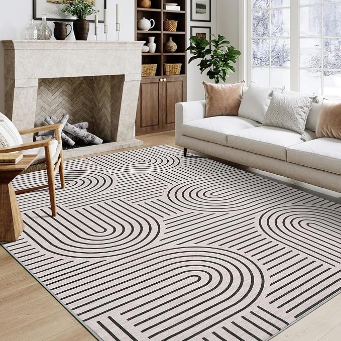 ROYHOME Modern Washable Rug Rainbow 6x9 Area Rugs for Living Room Non Slip | Abstract Rug for Bedroom, Throw Rugs with Rubber Back, Low Pile Stain Resistant Geometric Carpet for Dining Room, LightCamel