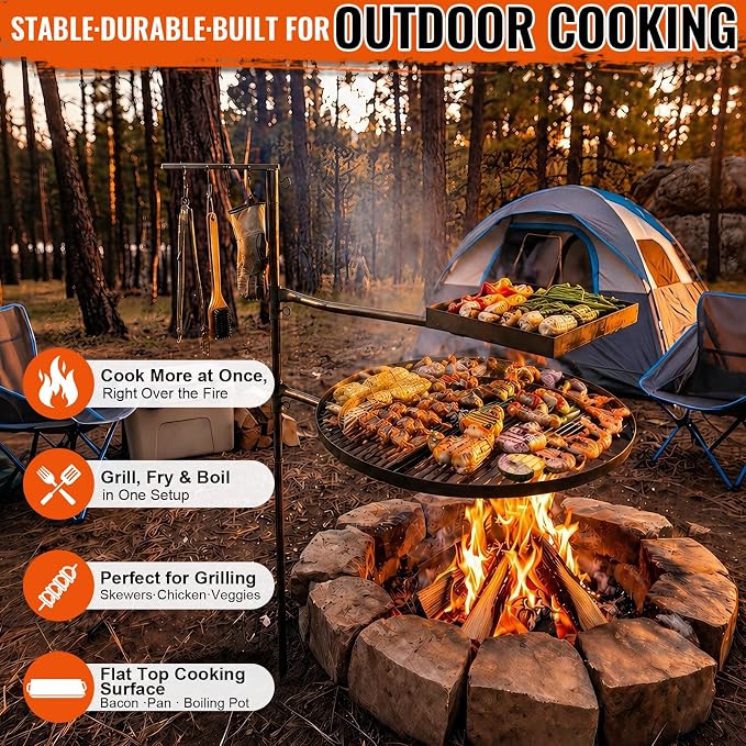 22" and 16"x10.5" Fire Pit Campfire Grill Grate Foldable Round and Rectangular Grill Grate Open Fire Cooking Portable Camping Barbecue Rack Heavy-duty Easy Setup & Adjustable Height for BBQ
