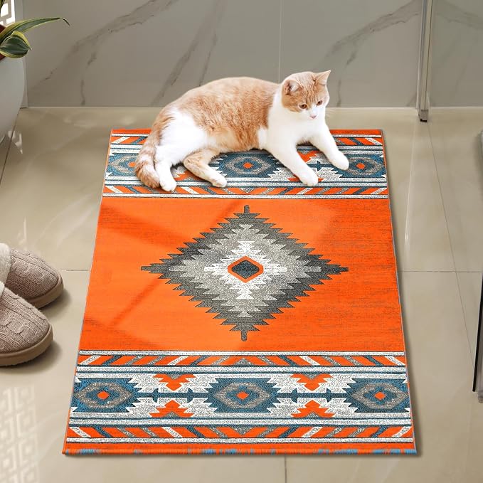 YHSF Southwestern Area Rug - Anti Static & Washable - Orange, 2 ft x 3 ft | Soft Native American Tribal Floor Rugs for Living Room, Bedroom, Hallways, and More - Easy-to-Clean Home Decors