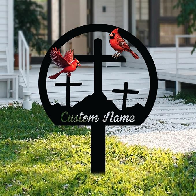 Personalized Garden Sign with Stakes, Cross Metal Decor, Cardinal Decorative Outside, Yard Sign Outdoor, Gift for Mom, Welcome to Garden, God Bless You Decor Gifts