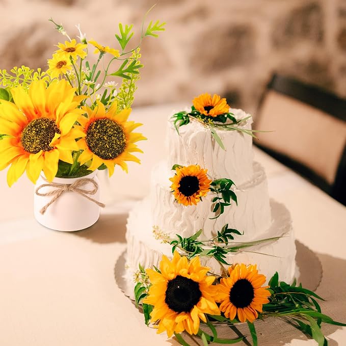 Zeyune 8 Pcs Sunflower Potted Plants Rustic Summer Spring Kitchen Wedding Table Centerpieces Silk Yellow Fake Flower with Plastic Pot for Home Bathroom Office (White,Sunflower)