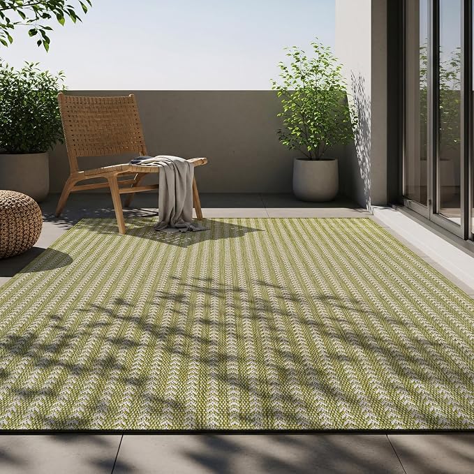 Washable Outdoor Rug 5x7 Modern Area Rugs Outdoor Carpets Striped Pattern Non Shedding Waterproof Easy Clean Patio Deck Porch Living Room Bedroom Garden RV (5 X 7 Olive)