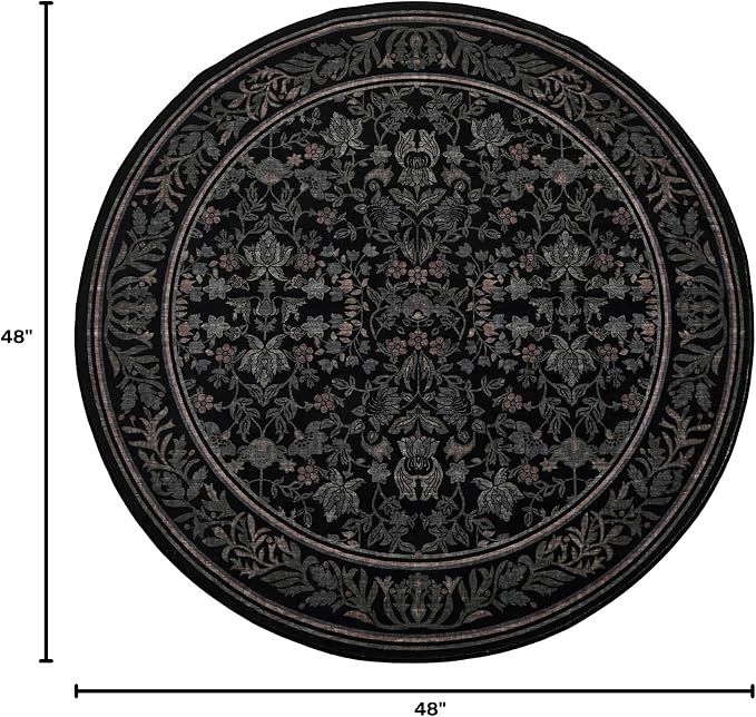 GarveeHome Round Rugs 4ft Washable Circle Rug for Living Room, Black | Boho Vintage Non Slip Soft Low Pile Stain Resistant Indoor Carpet for Bedroom Dining Room Kitchen Entryway Office