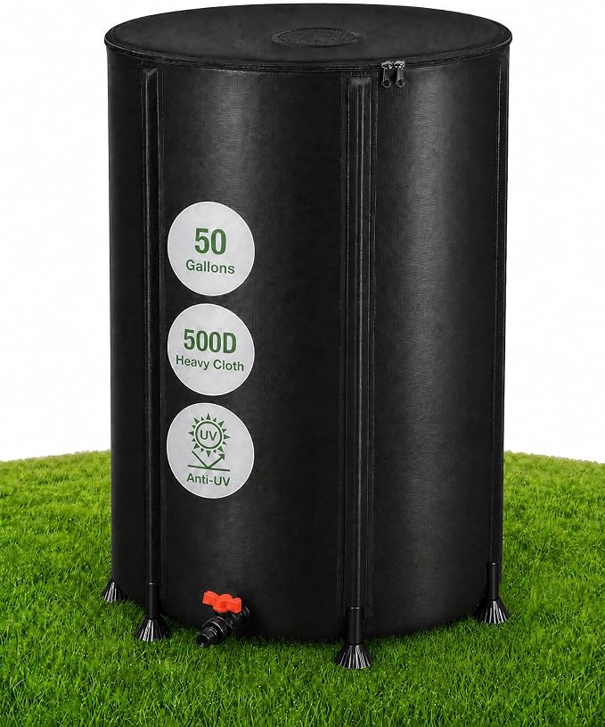 50 Gallon Collapsible Rain Barrel, Rain Water Collection Barrel System Kit, Collapsible Water Tank with Spigot and Overflow Kit, Portable Rain Water Catcher for Garden, Black