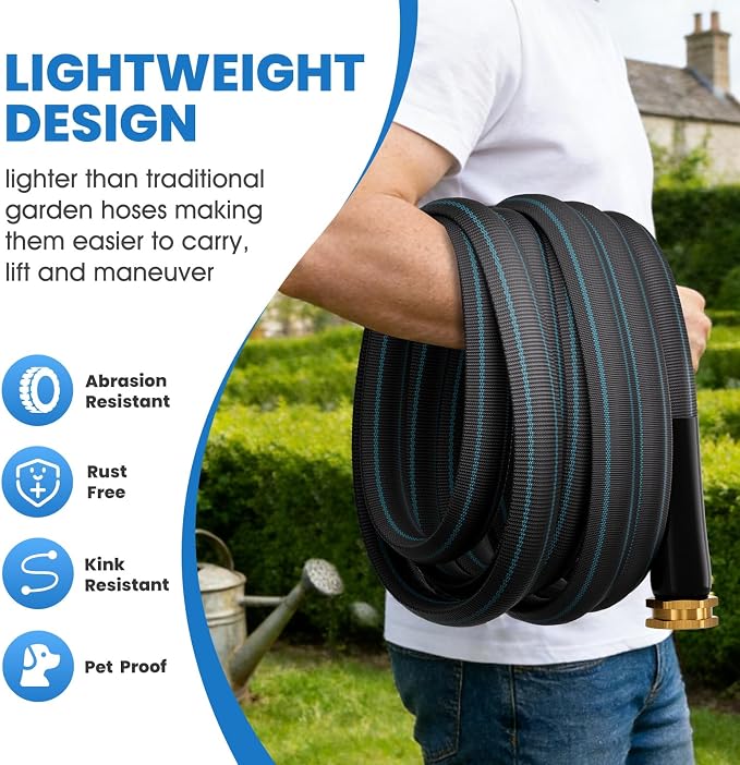 75FT Non-Expanding Garden Hose, Ultra Lightweight Water Hose,Kink-Free, Burst-Resistant, Durable & Flexible Hose, All-Weather Outdoor Hose for Lawn & Garden, Car Washing