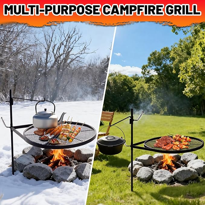 24" Fire Pit Campfire Grill Grate, Foldable Open Fire Cooking Grill Grate Portable Round Camping Cooking Barbecue Rack Heavy-duty, Easy Setup & Adjustable Height for Outdoor Camping BBQ