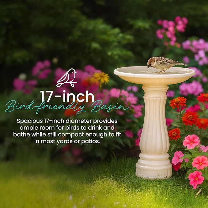 Union Products Bird Bath for Outside, Round Outdoor Patio Lawn and Garden Decor with Fillable Base for Stability, 17"D x 25"H, White