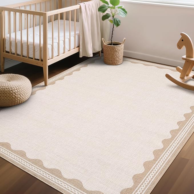 Garvee Modern Bordered Rugs for Living Room 8x10 Large Washable Rug Beige | Non Slip Low Pile Soft Carpet Foldable Non Shedding Stain Resistant Floor Cover for Bedroom Playroom Nursery Office Dorm